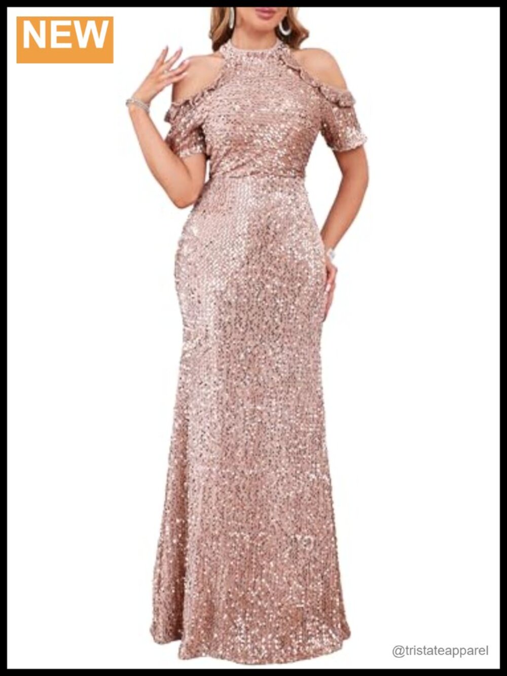 Sequin Bodycon Maxi Dress Halter Cold Shoulder Ruffle Sleeve Party Gown